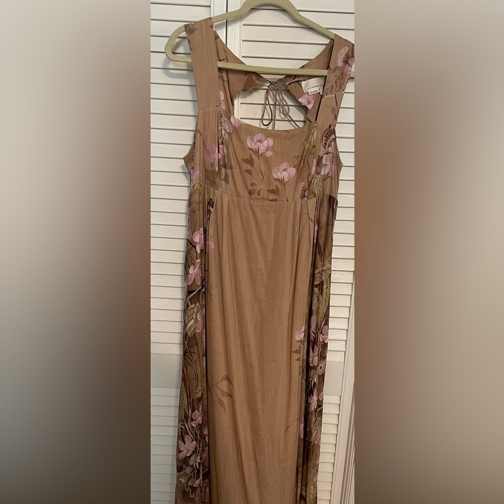 Beige with Lilac flowers on a sleeveless Asian inspired Maxi Dress - Size 16